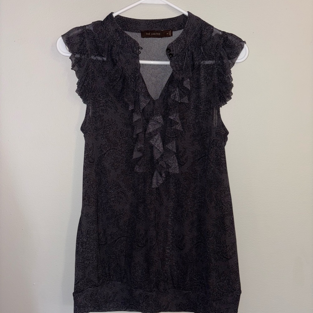 The Limited Gray Patterned Ruffle Blouse